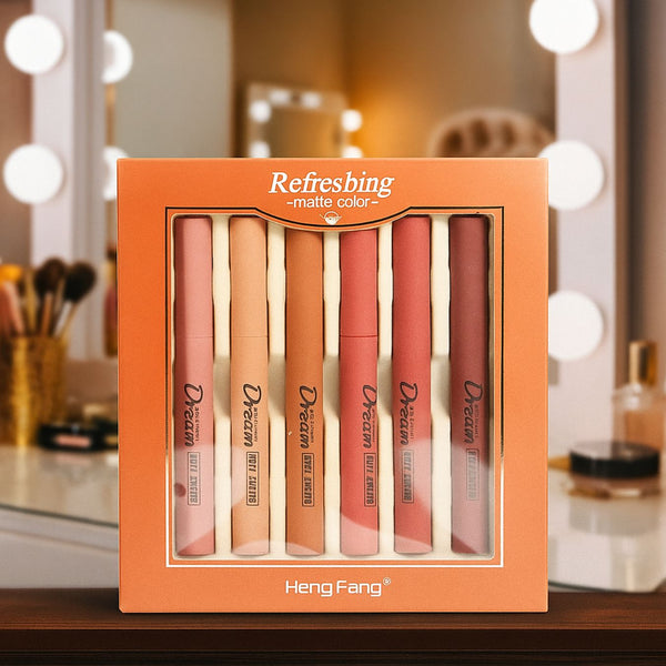 Heng Fang Matte Lip Crayon Set – 6 Long-Lasting Nude & Bold Shades